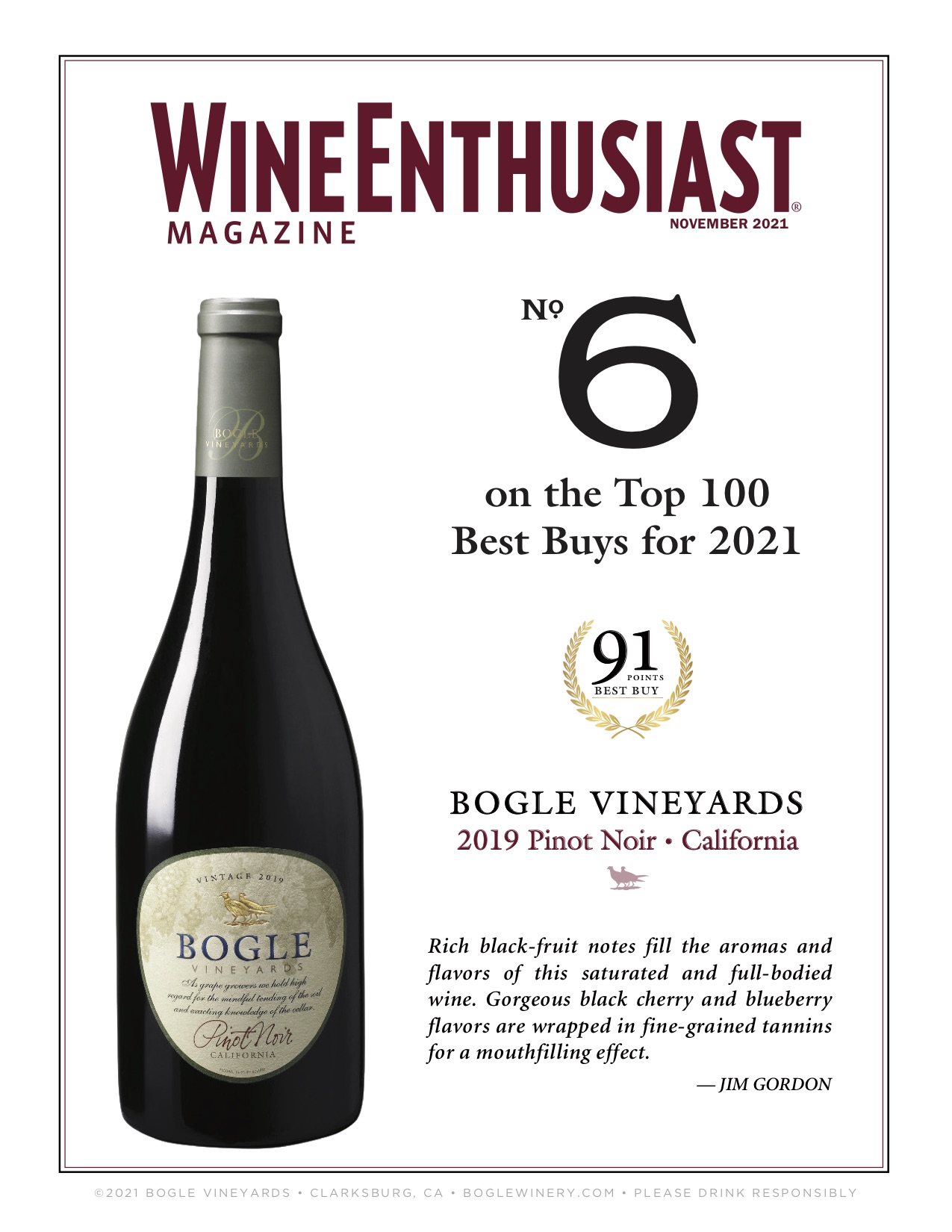 Wine Enthusiast 91pts Best Buy-2019 Bogle Pinot Noir