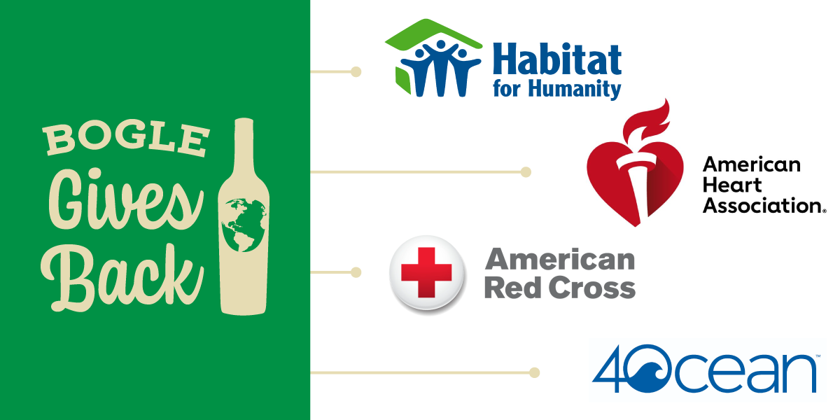 Bogle Gives Back logo with Habitat for Humanity logo, American Heart Association logo, American Red Cross logo, and 4Ocean logo representing Bogle's Spring 2024 beneficiaries